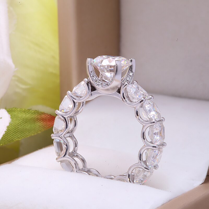 3 Carat Moissanite Round Cut Engagement Ring with 7.95 Carat Asscher Side Stones, Luxurious & Elegant, Perfect for Memorable Proposals and Weddings