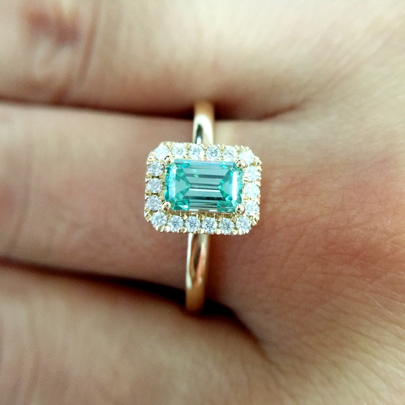 1 Carat  Emerald Cut Light Green Moissanite Ring for Women  Set in 14k Yellow Gold