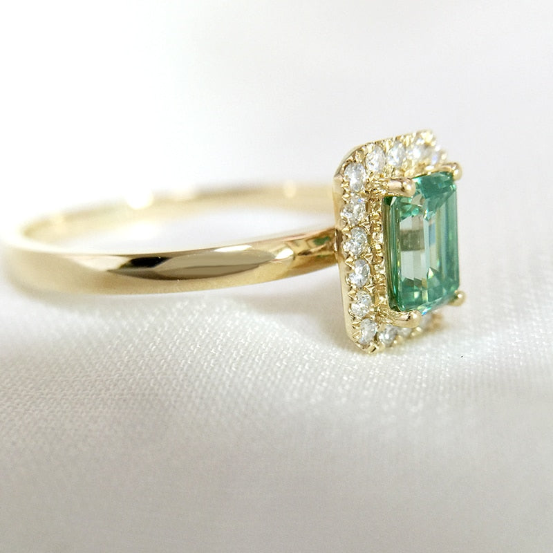 1 Carat  Emerald Cut Light Green Moissanite Ring for Women  Set in 14k Yellow Gold