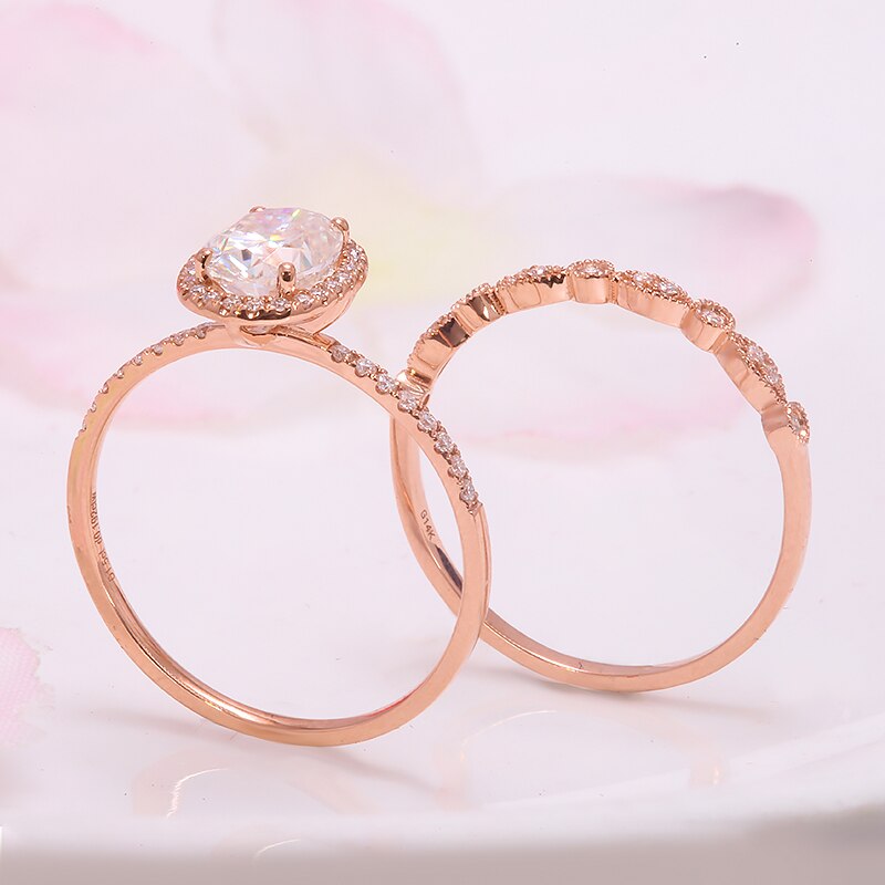 1.5 carat Oval Brilliant Cut Moissanite Engament Ring Set Half Eternity Ring Set Real 14K Rose Gold